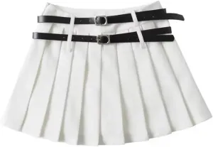 Woman Summer Double Belt Pleated Midi Skirt Slim Solid High Waisted Young Trip Mini Skirt