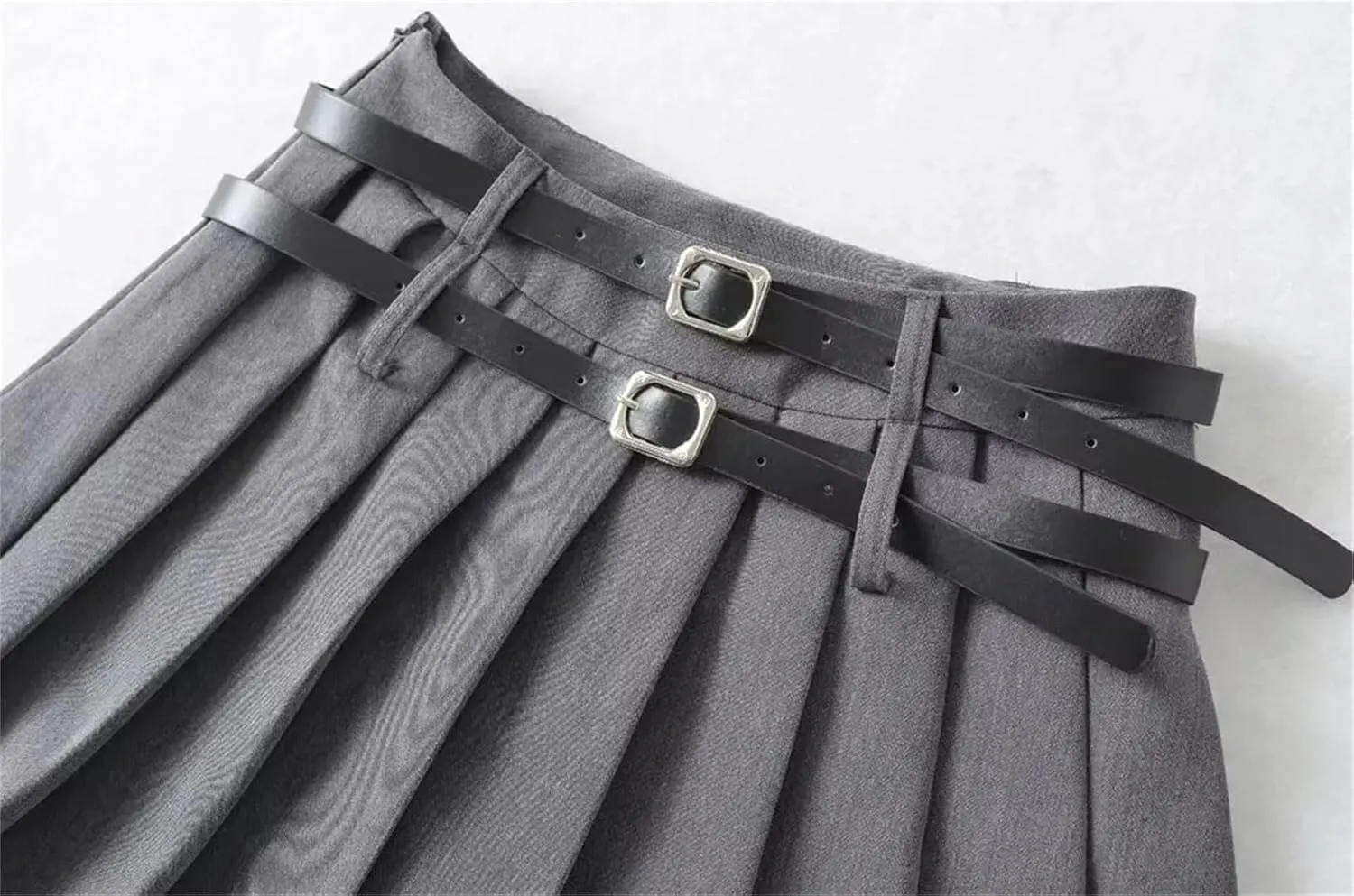 Woman Summer Double Belt Pleated Midi Skirt Slim Solid High Waisted Young Trip Mini Skirt