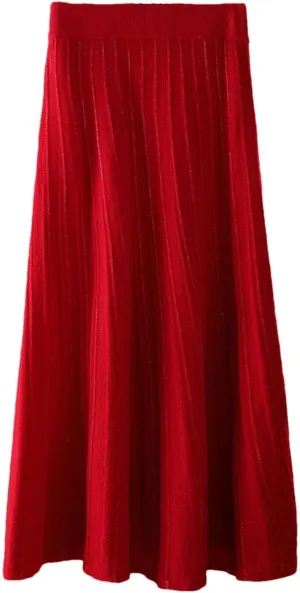 Women 100 Percent Merino Wool Pleated A-Line Skirt Office Lady Work Skirt Elastic Waist Weekend Skirt Female Midi Skirt