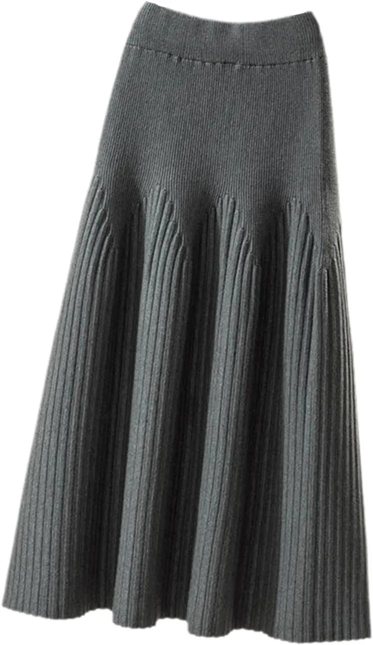 Women Autumn Winter Knitted Skirt Casual Solid All-Match A Line High Waist Pleated Midi Long Skirt