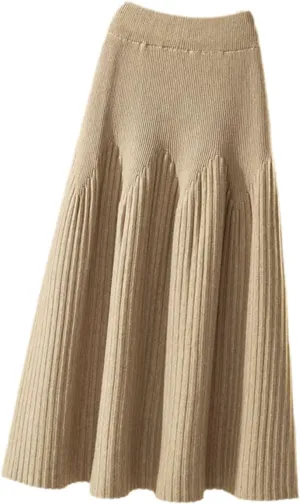 Women Autumn Winter Knitted Skirt Casual Solid All-Match A Line High Waist Pleated Midi Long Skirt