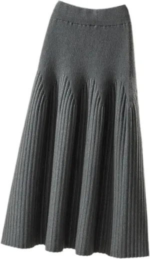 Women Autumn Winter Knitted Skirt Casual Solid All-Match A Line High Waist Pleated Midi Long Skirt