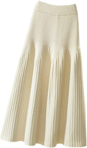 Women Autumn Winter Knitted Skirt Casual Solid All-Match A Line High Waist Pleated Midi Long Skirt