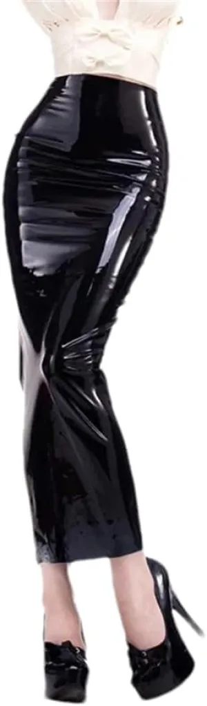 Women Bodycon Faux Leather Pencil Skirts Sexy Midi Skirt Hem Split High Waist Patent Leather Skirt