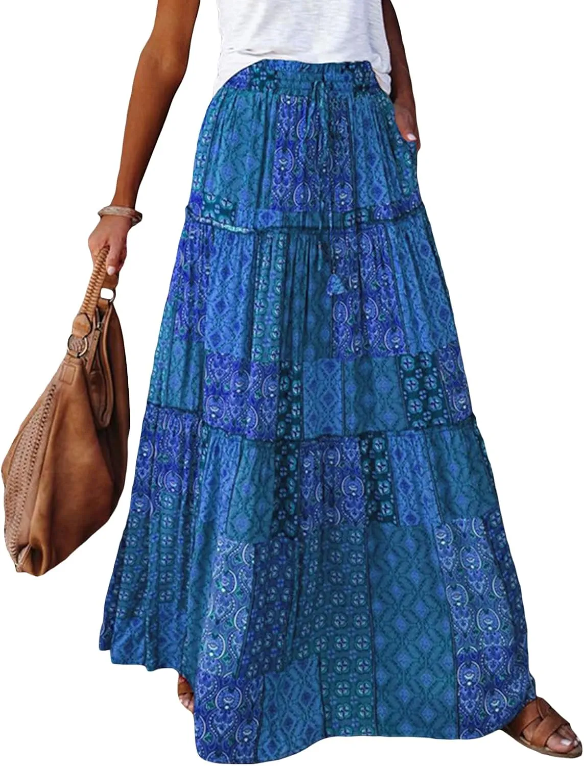 Women Bohemian Print Long Maxi Skirt Floral Casual High Waist Flowy Skirts Summer Beach Boho A Line Swing Skirt