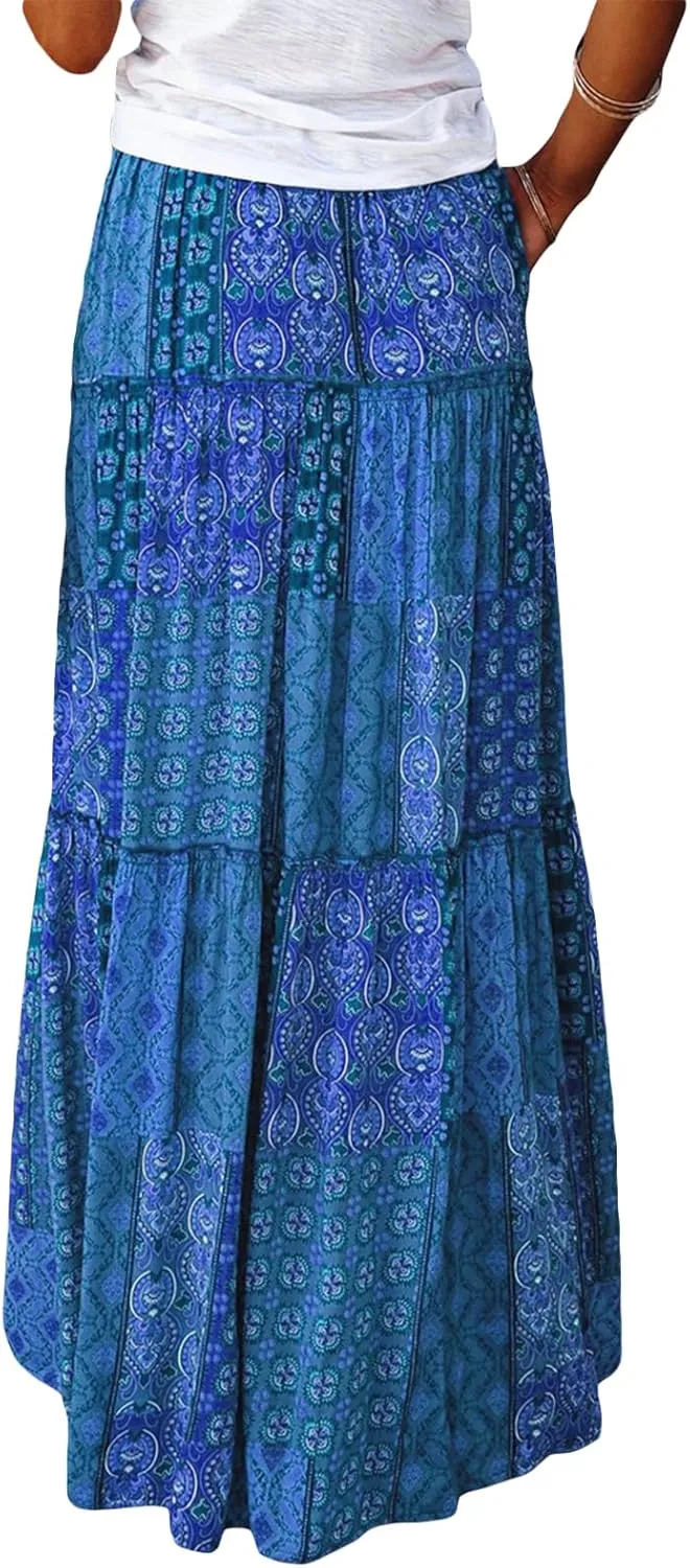 Women Bohemian Print Long Maxi Skirt Floral Casual High Waist Flowy Skirts Summer Beach Boho A Line Swing Skirt