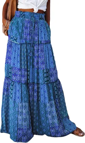 Women Bohemian Print Long Maxi Skirt Floral Casual High Waist Flowy Skirts Summer Beach Boho A Line Swing Skirt
