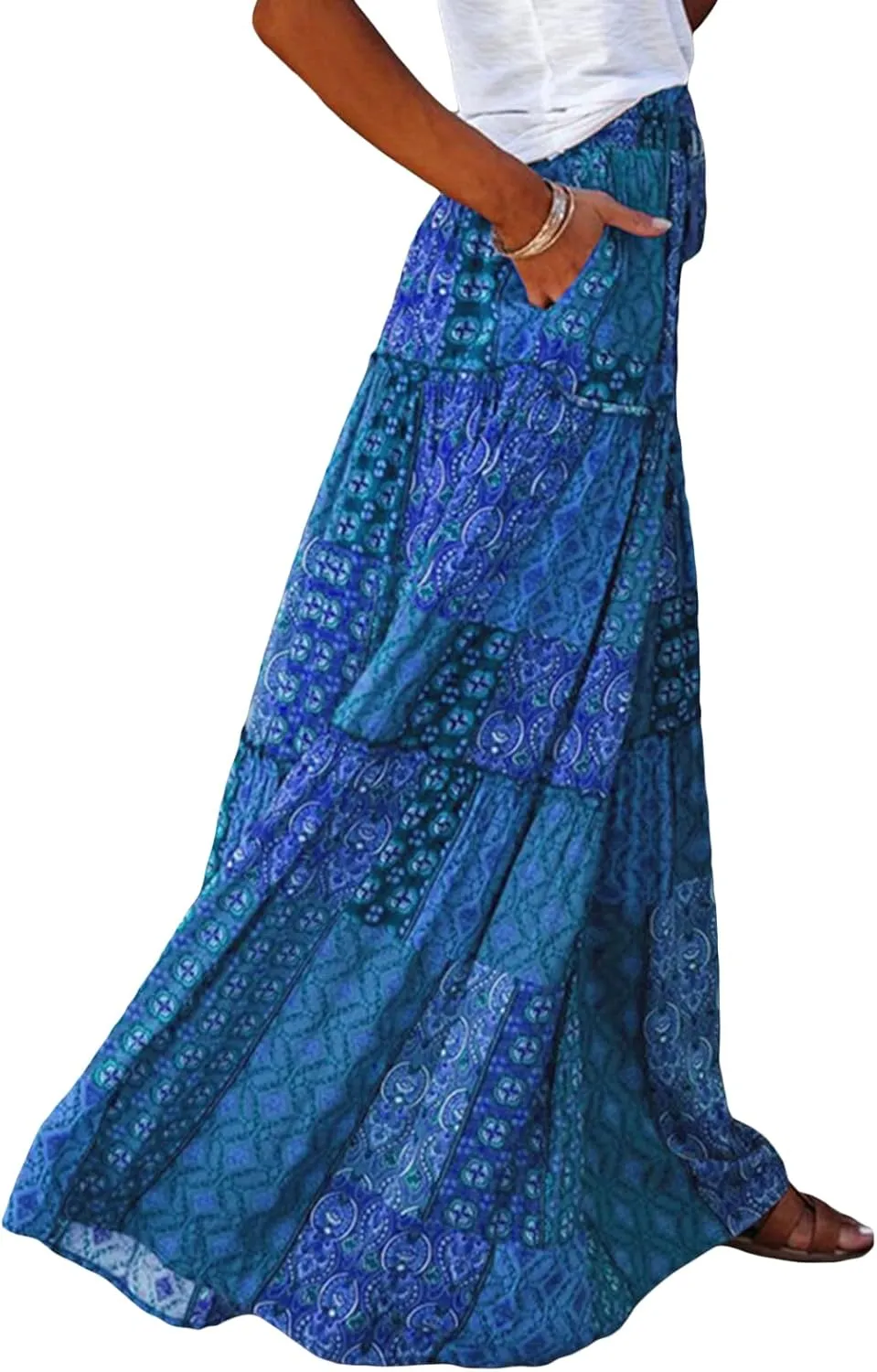 Women Bohemian Print Long Maxi Skirt Floral Casual High Waist Flowy Skirts Summer Beach Boho A Line Swing Skirt
