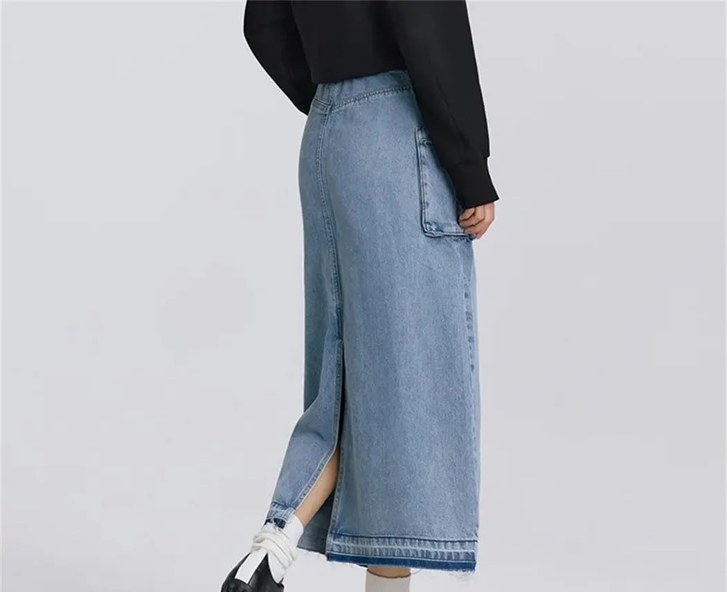 Women Drawstring Slit Straight Denim Long Skirt Vintage High Waisted Casual Skirts with Pockets