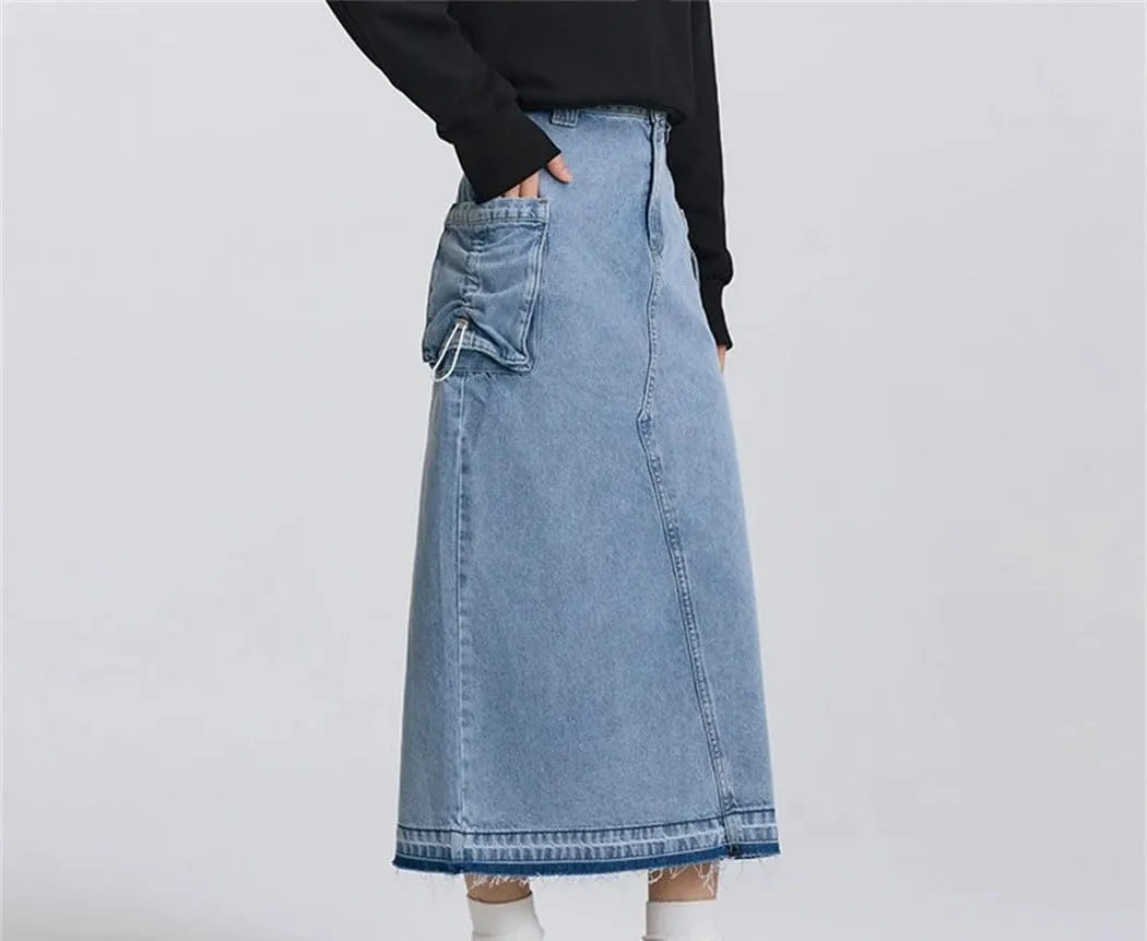 Women Drawstring Slit Straight Denim Long Skirt Vintage High Waisted Casual Skirts with Pockets
