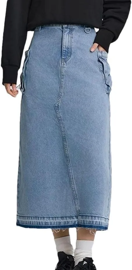 Women Drawstring Slit Straight Denim Long Skirt Vintage High Waisted Casual Skirts with Pockets