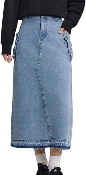 Women Drawstring Slit Straight Denim Long Skirt Vintage High Waisted Casual Skirts with Pockets