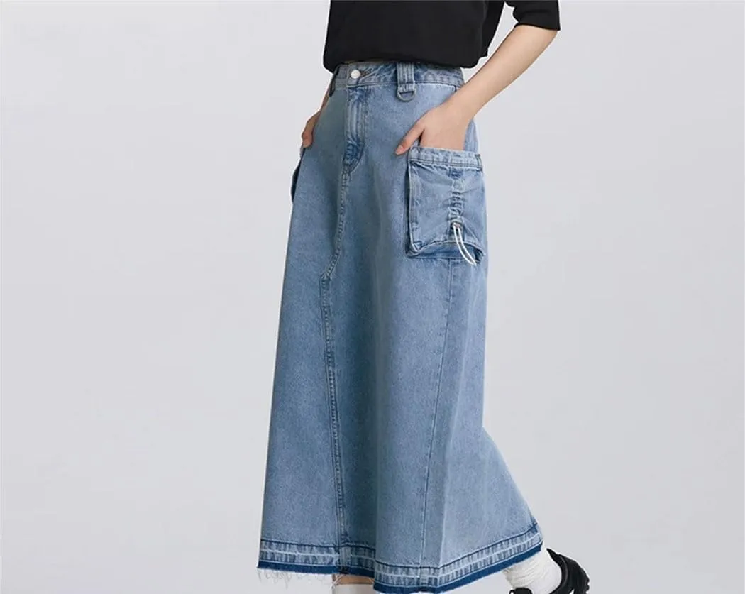Women Drawstring Slit Straight Denim Long Skirt Vintage High Waisted Casual Skirts with Pockets