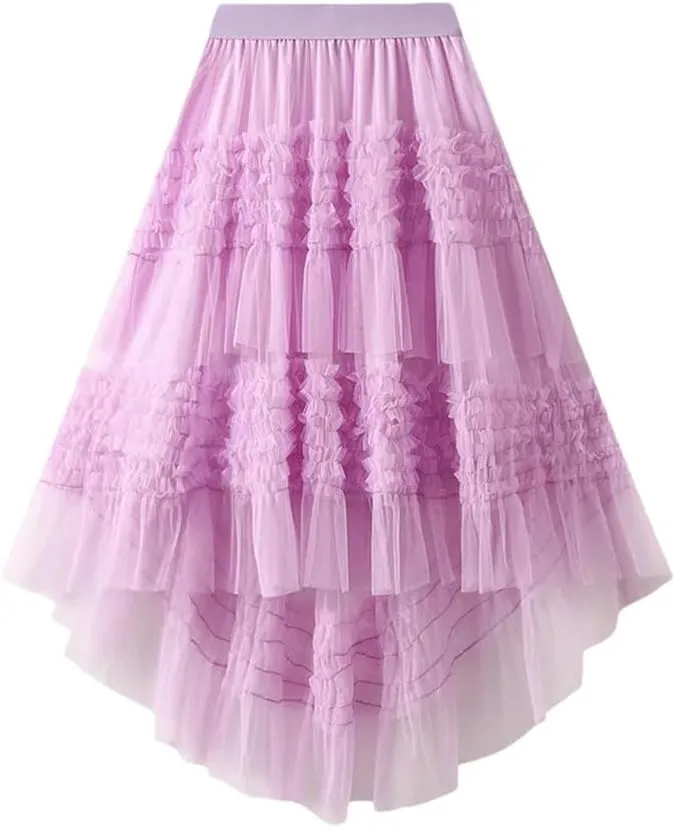 Women Elastic High Waist Patchwork Mesh Skirt Tiered Tulle Tutu Skirts Spring-Autumn Petticoat Pleated Skirt