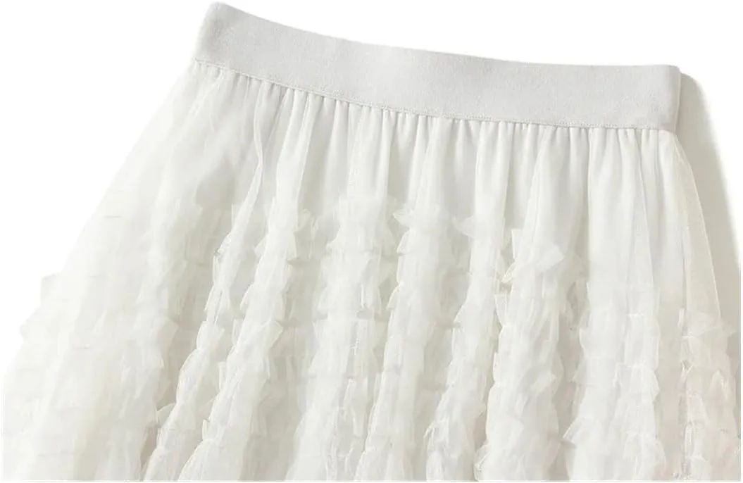 Women Elastic High Waist Patchwork Mesh Skirt Tiered Tulle Tutu Skirts Spring-Autumn Petticoat Pleated Skirt