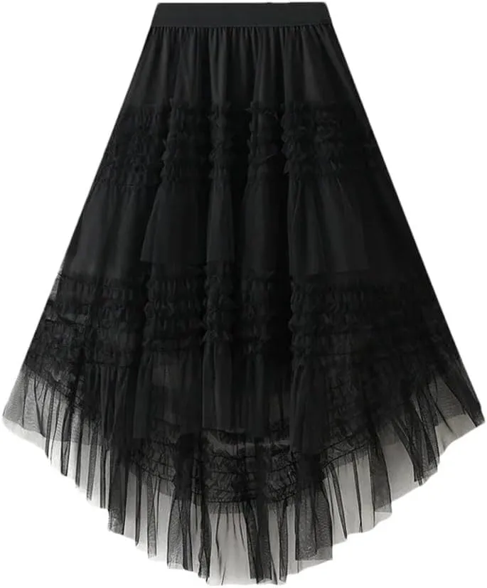 Women Elastic High Waist Patchwork Mesh Skirt Tiered Tulle Tutu Skirts Spring-Autumn Petticoat Pleated Skirt