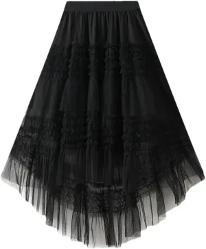 Women Elastic High Waist Patchwork Mesh Skirt Tiered Tulle Tutu Skirts Spring-Autumn Petticoat Pleated Skirt