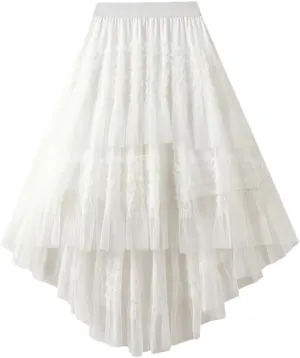 Women Elastic High Waist Patchwork Mesh Skirt Tiered Tulle Tutu Skirts Spring-Autumn Petticoat Pleated Skirt