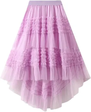 Women Elastic High Waist Patchwork Mesh Skirt Tiered Tulle Tutu Skirts Spring-Autumn Petticoat Pleated Skirt