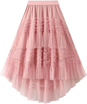 Women Elastic High Waist Patchwork Mesh Skirt Tiered Tulle Tutu Skirts Spring-Autumn Petticoat Pleated Skirt