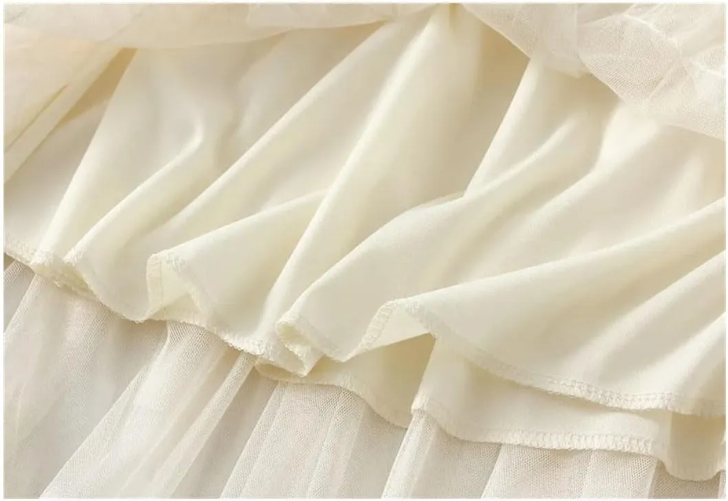 Women Elastic High Waist Patchwork Mesh Skirt Tiered Tulle Tutu Skirts Spring-Autumn Petticoat Pleated Skirt