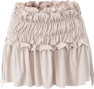 Women Elastic Waist Pleated Mini Skirt Summer Solid Color Casual Holiday Bodycon Skirts