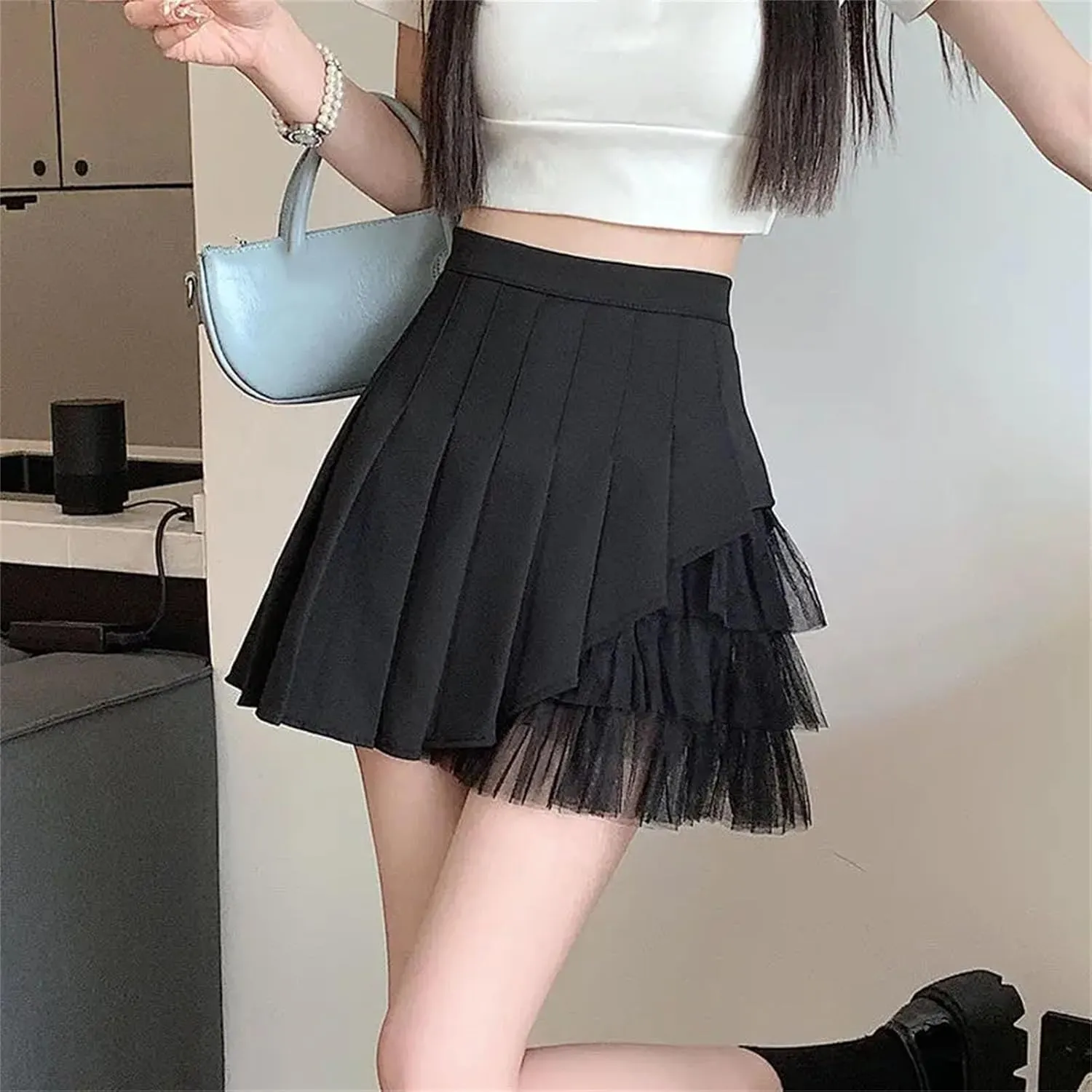 Women Fashion Spliced Pleated Skirts Summer High Waist Casual Mini Holiday Skirt