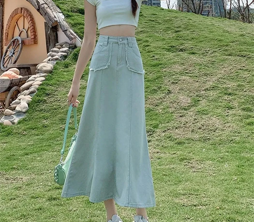 Women Fashion Vintage Flare Denim Skirt Summer High Waisted Loose Casual Jean Long Skirts