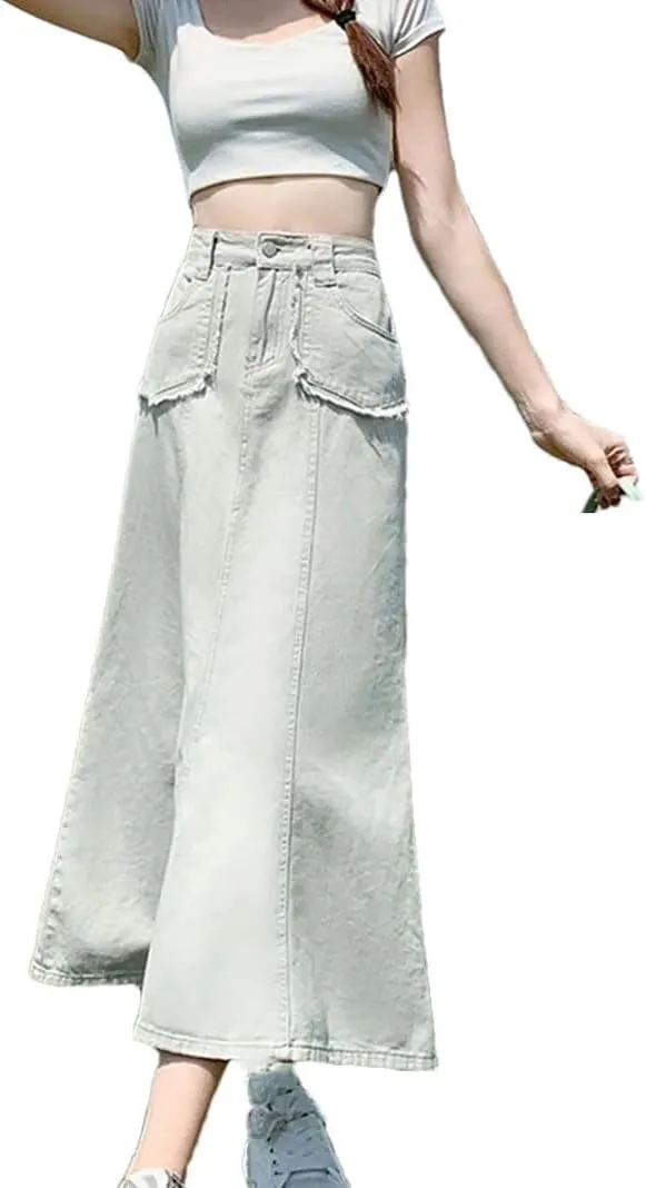 Women Fashion Vintage Flare Denim Skirt Summer High Waisted Loose Casual Jean Long Skirts