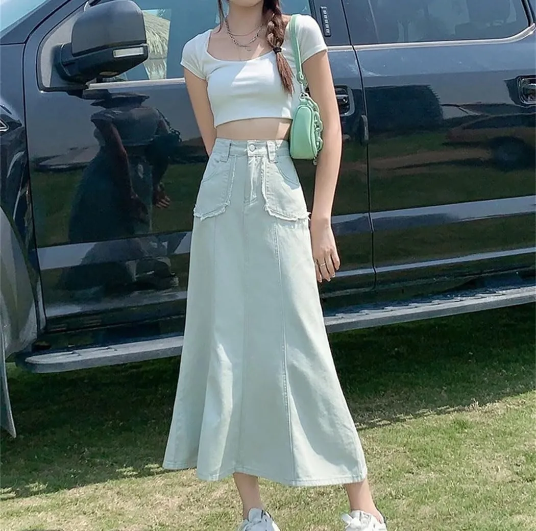 Women Fashion Vintage Flare Denim Skirt Summer High Waisted Loose Casual Jean Long Skirts