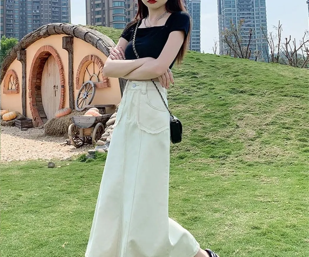 Women Fashion Vintage Flare Denim Skirt Summer High Waisted Loose Casual Jean Long Skirts