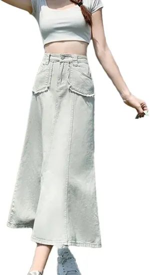 Women Fashion Vintage Flare Denim Skirt Summer High Waisted Loose Casual Jean Long Skirts