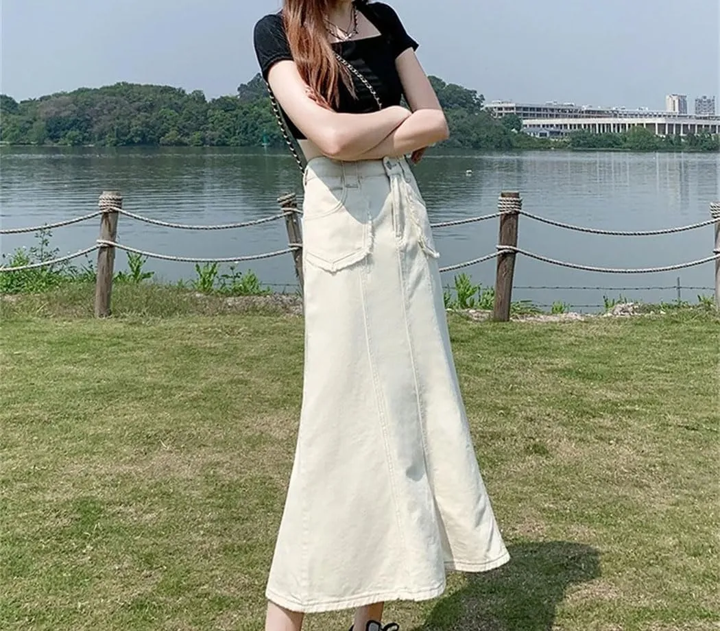 Women Fashion Vintage Flare Denim Skirt Summer High Waisted Loose Casual Jean Long Skirts