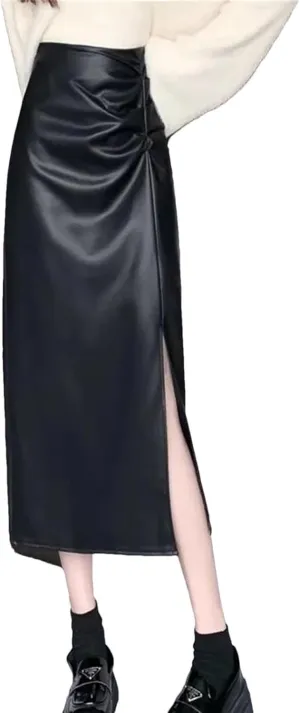 Women Faux Leather Skirt High Waist Pleated Midi Skirt Split A-Line Skirts Bodycon Casual Skirt