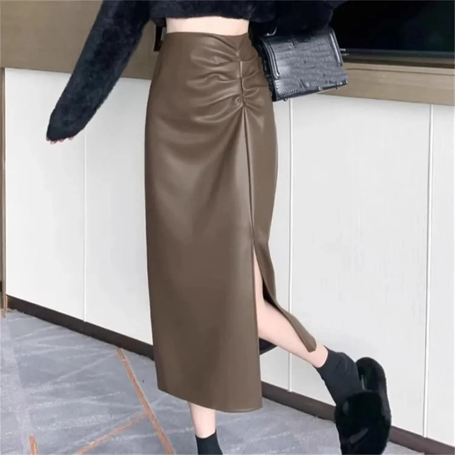 Women Faux Leather Skirt High Waist Pleated Midi Skirt Split A-Line Skirts Bodycon Casual Skirt