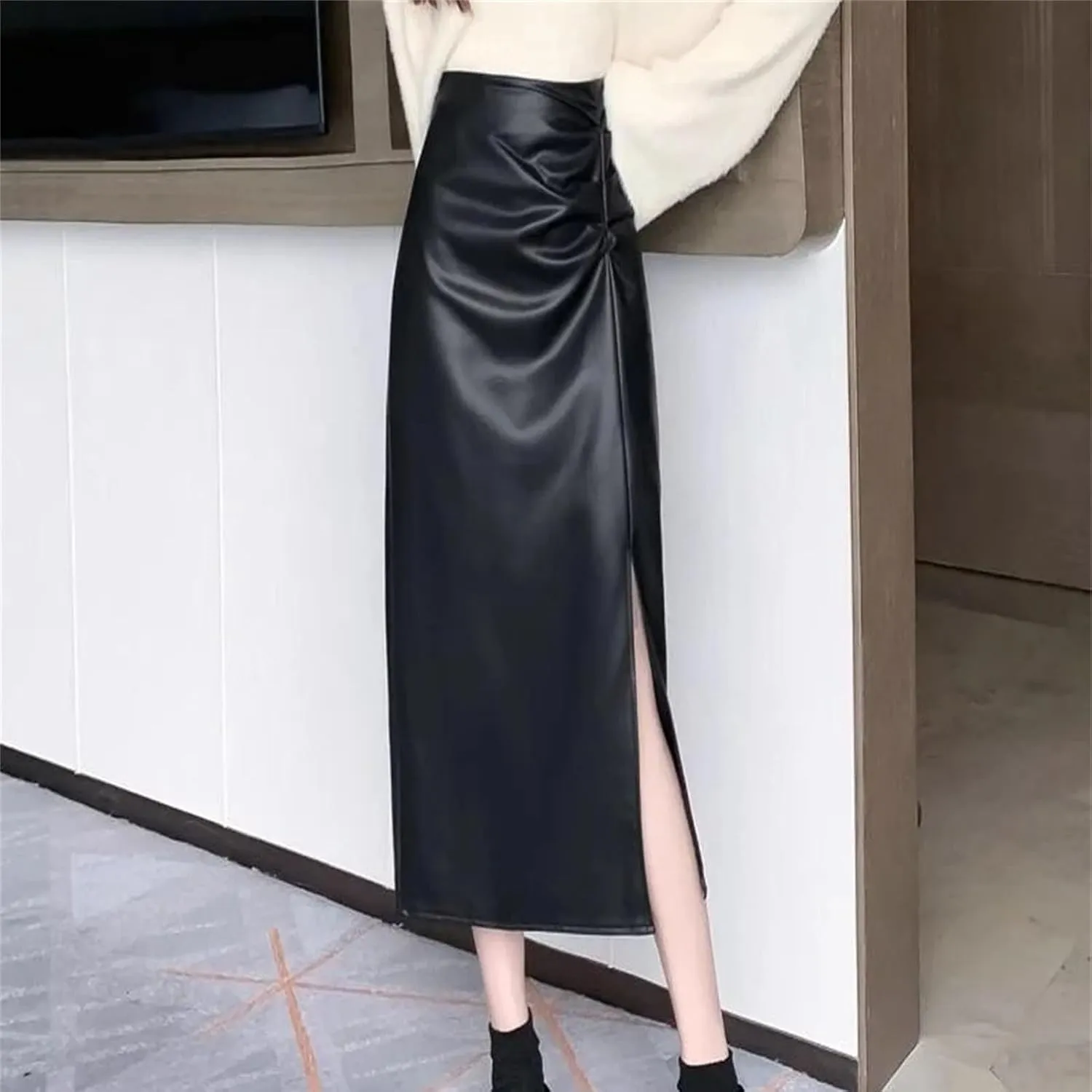 Women Faux Leather Skirt High Waist Pleated Midi Skirt Split A-Line Skirts Bodycon Casual Skirt