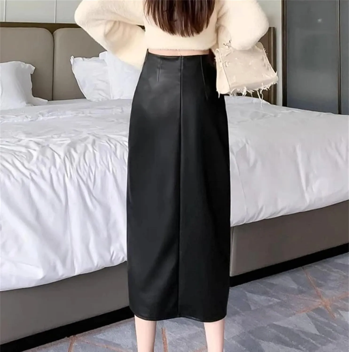 Women Faux Leather Skirt High Waist Pleated Midi Skirt Split A-Line Skirts Bodycon Casual Skirt