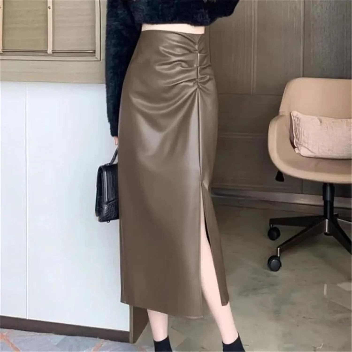 Women Faux Leather Skirt High Waist Pleated Midi Skirt Split A-Line Skirts Bodycon Casual Skirt