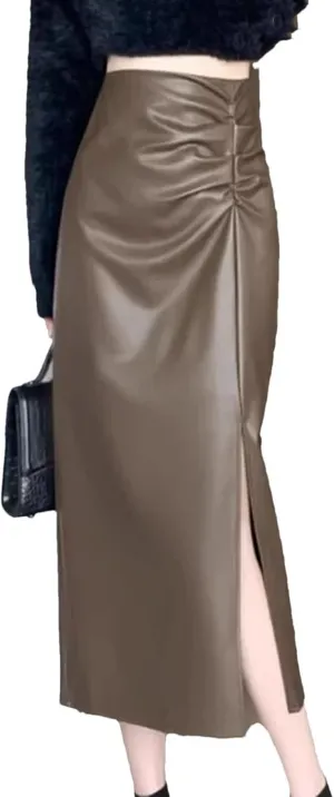 Women Faux Leather Skirt High Waist Pleated Midi Skirt Split A-Line Skirts Bodycon Casual Skirt