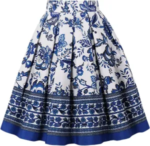 Women Floral Midi Skirt Pleated Skirt with Pockets High Waist A-Line Boho Skirt
