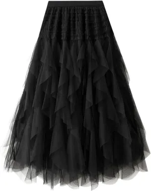 Women High ElasticFairy Tulle Skirt Irregular Hem Pleated Tutu A-Line Midi Skirts