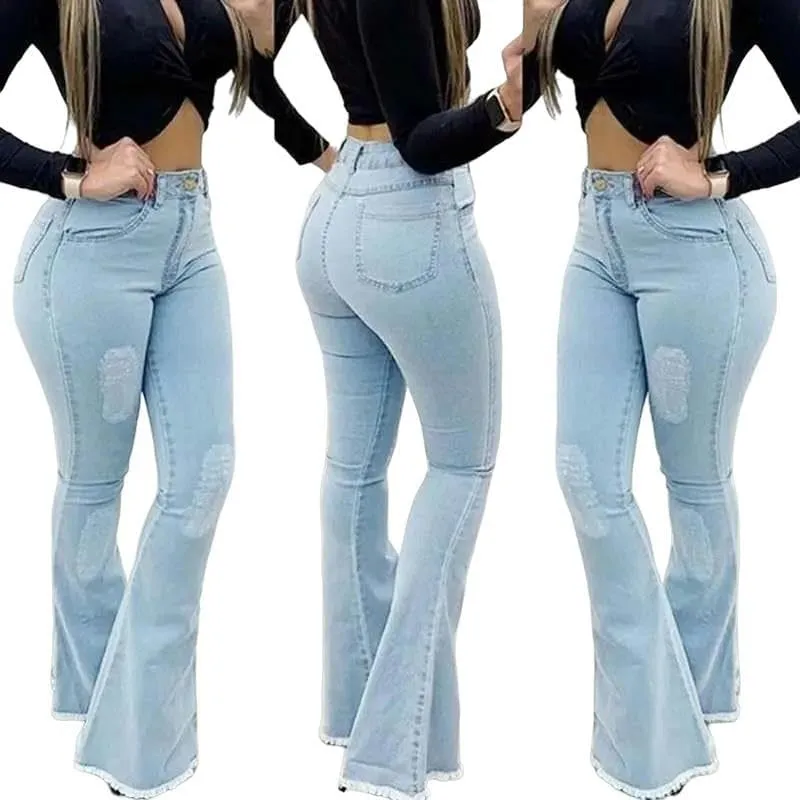 Women High Waist Boot Cut Jeans Fashion Slim Denim Flared Pants Street Casual Trousers