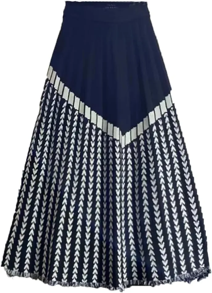 Women High Waist Knitted Midi Skirt Black Gray Beige A-Line Vintage Print Pleated Skirt