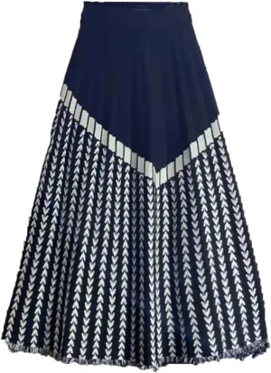 Women High Waist Knitted Midi Skirt Black Gray Beige A-Line Vintage Print Pleated Skirt