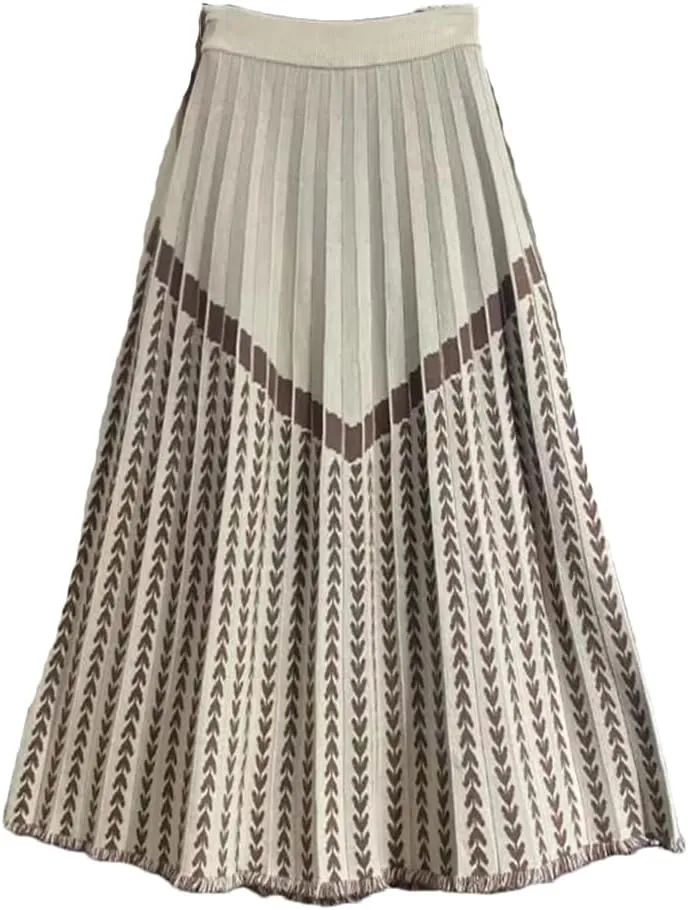 Women High Waist Knitted Midi Skirt Black Gray Beige A-Line Vintage Print Pleated Skirt