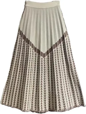 Women High Waist Knitted Midi Skirt Black Gray Beige A-Line Vintage Print Pleated Skirt
