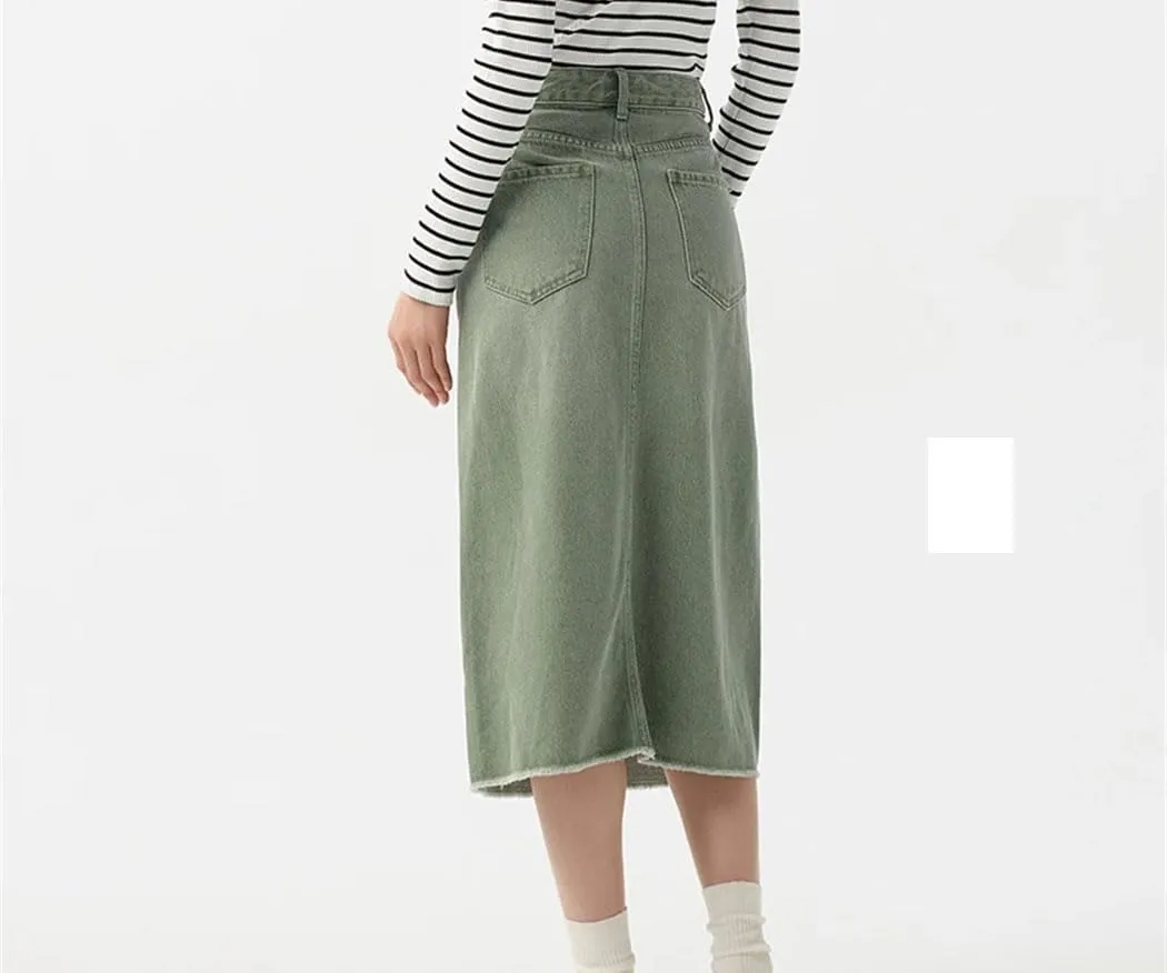 Women High Waisted Slit Straight Denim Skirt Summer Vintage Casual Jean Skirts with Pockets