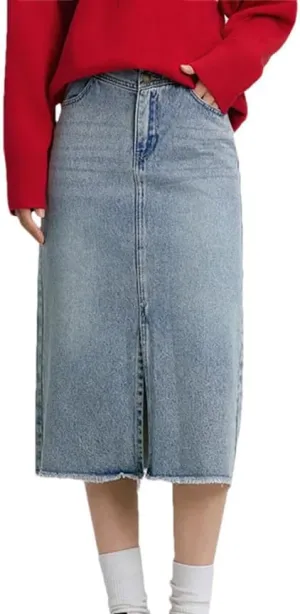 Women High Waisted Slit Straight Denim Skirt Summer Vintage Casual Jean Skirts with Pockets