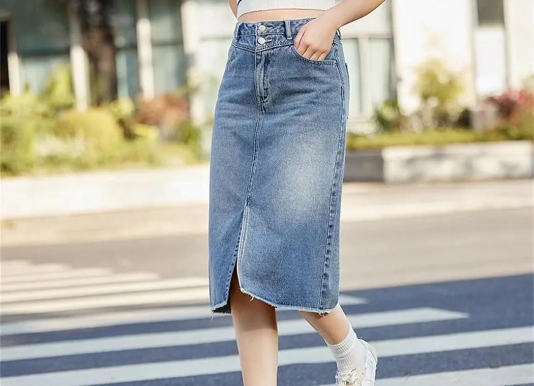 Women High Waisted Slit Straight Denim Skirt Summer Vintage Casual Jean Skirts with Pockets