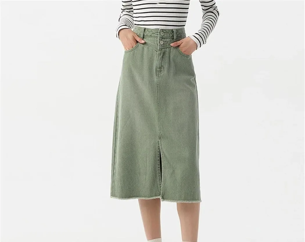 Women High Waisted Slit Straight Denim Skirt Summer Vintage Casual Jean Skirts with Pockets